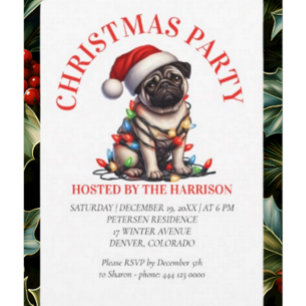 Invitation Carlin Canine Rétro Aquarelle Noël