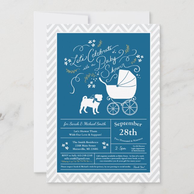 Invitation Carlin chien Baby shower bleu pour garçon (Devant)