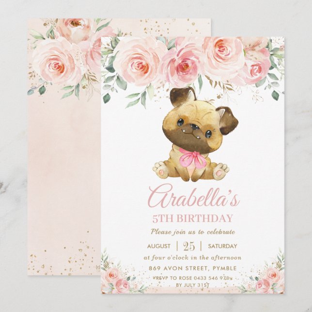 Invitation Carlin Chien Chien Rosé Blush Floral Girl Annivers (Devant / Derrière)