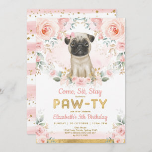 Invitation Carlin rose or filles Anniversaire Chien de Chien