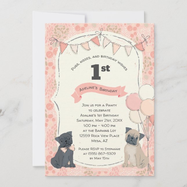 Invitation Carlins et baisers Chien chiot photo Anniversaire (Devant)