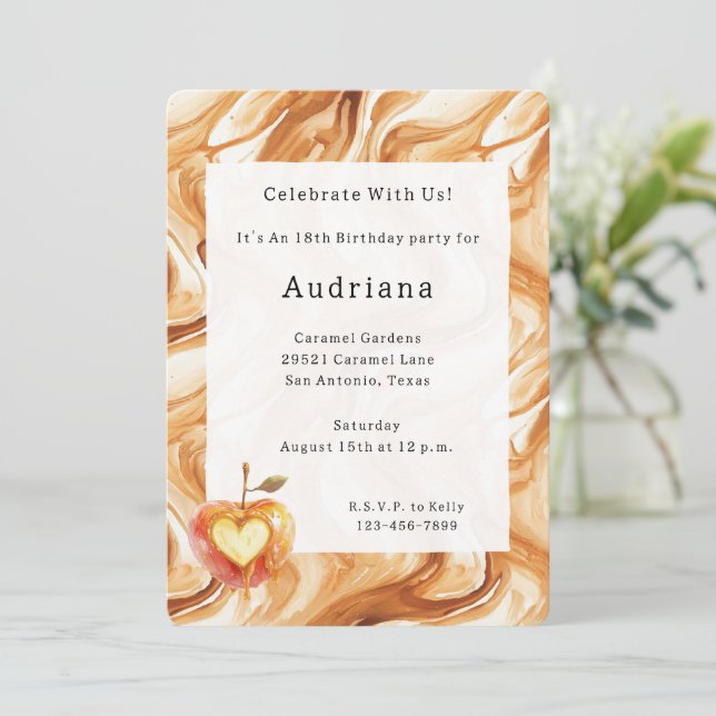 Invitation Carmel Cream Heart Apple Caramel Birthday  (Debout devant)
