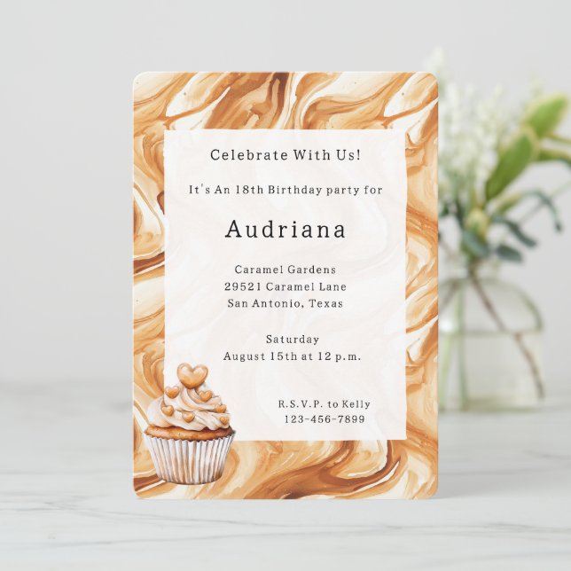 Invitation Carmel Cream Hearts Caramel Cupcake Anniversaire  (Debout devant)
