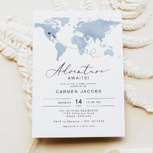 Invitation CARMEN Dusty Blue Map Baby shower d'aventure