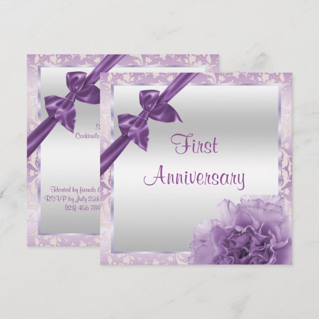 Invitation Carnation Élégante & Ruban 1er Anniversaire de Mar (Devant / Derrière)