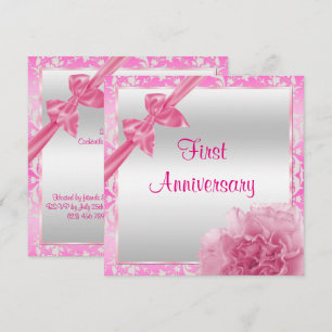 Invitation Carnation Élégante & Ruban 1er Anniversaire de Mar