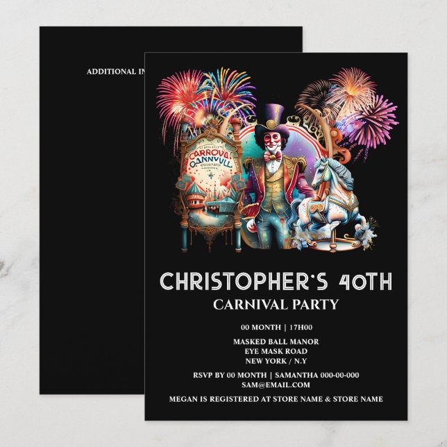 Invitation Carnaval à thème du cirque pour adultes (Devant / Derrière)