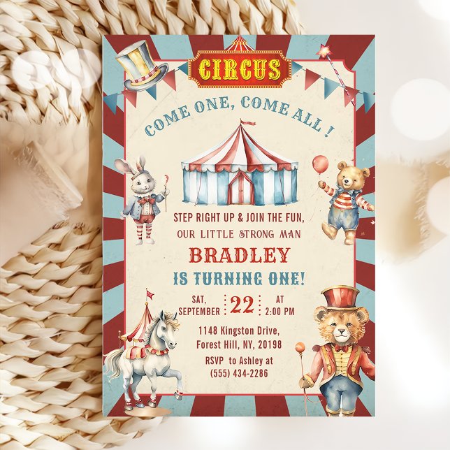 Invitation Carnaval Animaux de cirque 1er anniversaire Invita (Créateur téléchargé)