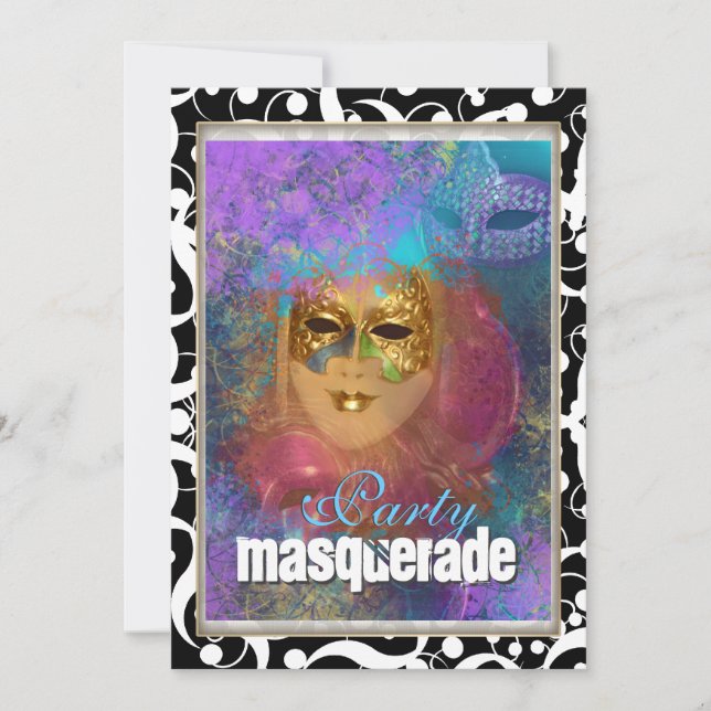 Invitation Carnaval d'anniversaire "masquerade party" en or r (Devant)