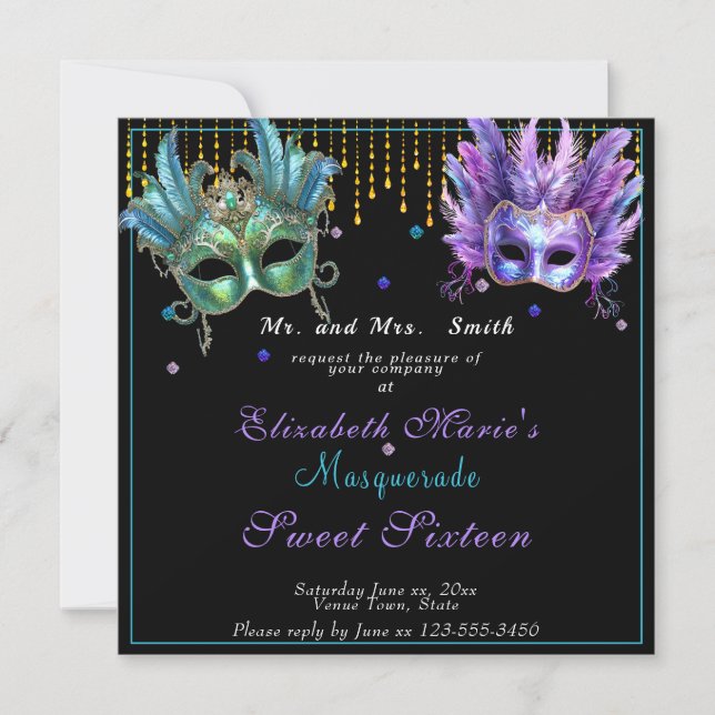 Invitation Carnaval Masqué Rose Turquoise Sweet Seize Ans  (Devant)