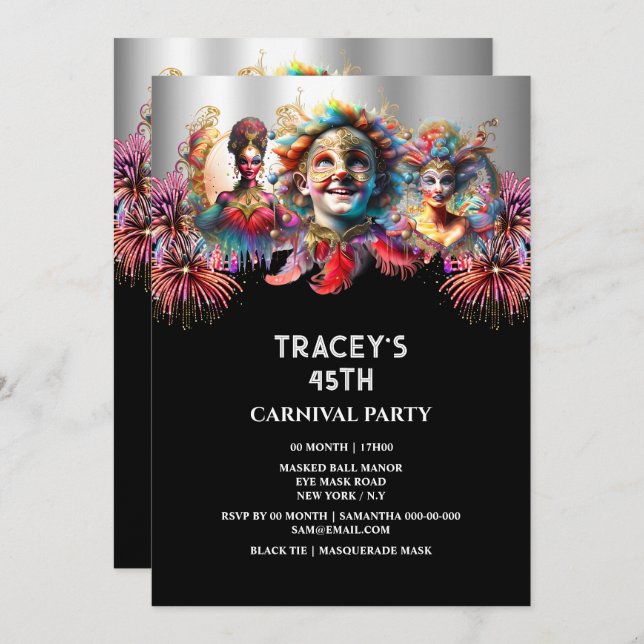 Invitation Carnaval nuit cirque feux d'artifice mascarade mas (Devant / Derrière)