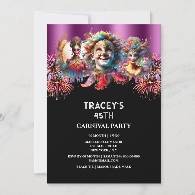 Invitation Carnaval nuit feu d'artifice de cirque mascarade v (Devant)