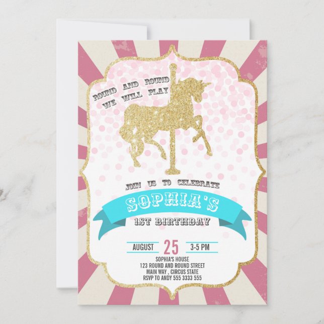Invitation Carnaval rose Carrousel Girl Premier Anniversaire  (Devant)