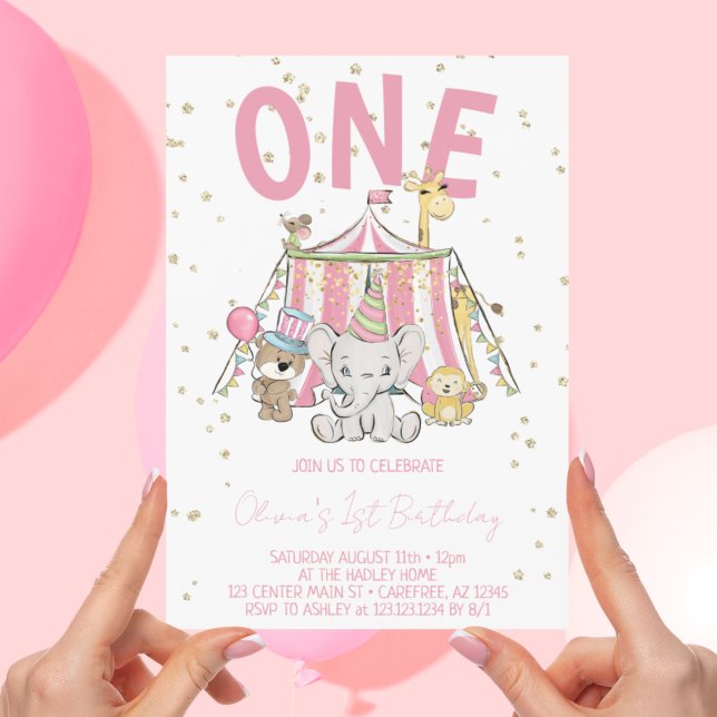 Invitation Carnaval rose Circus 1er anniversaire de l'enfant (Créateur téléchargé)