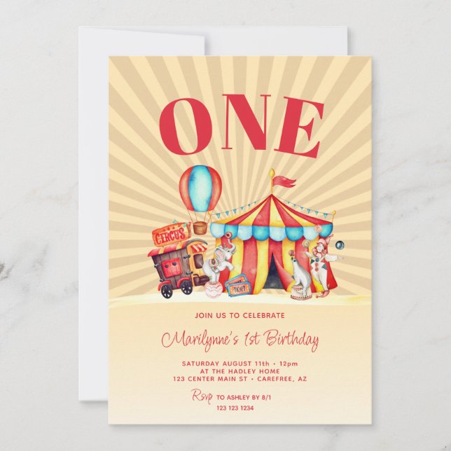 Invitation Carnival Circus Big Top 1er Anniversaire (Devant)