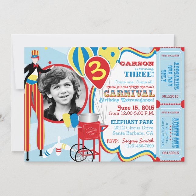 Invitation Carnival Circus Jongler Stilt Walkers Anniversaire (Devant)