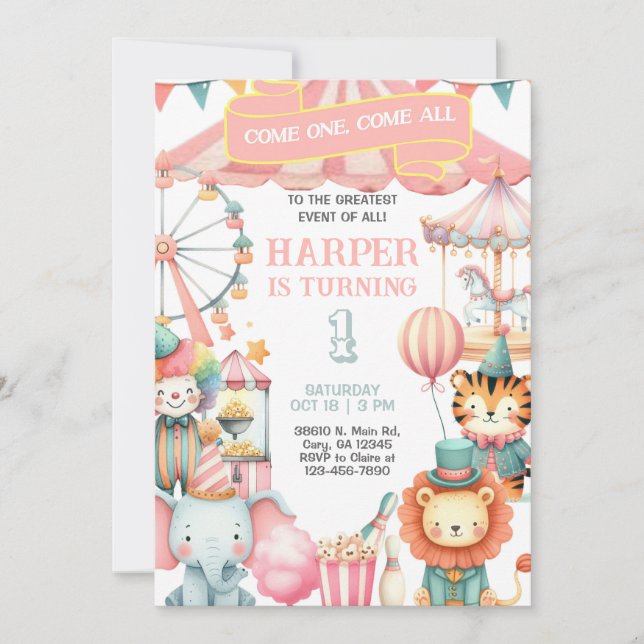 Invitation Carnival / Circus pink girl birthday invitation. (Devant)