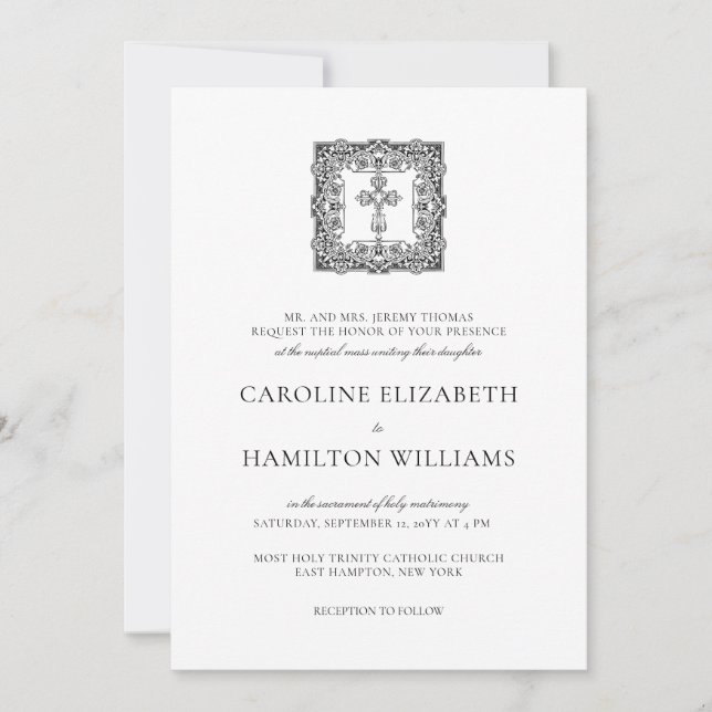 Invitation Caroline Simple Script Noir Mariage Catholique (Devant)