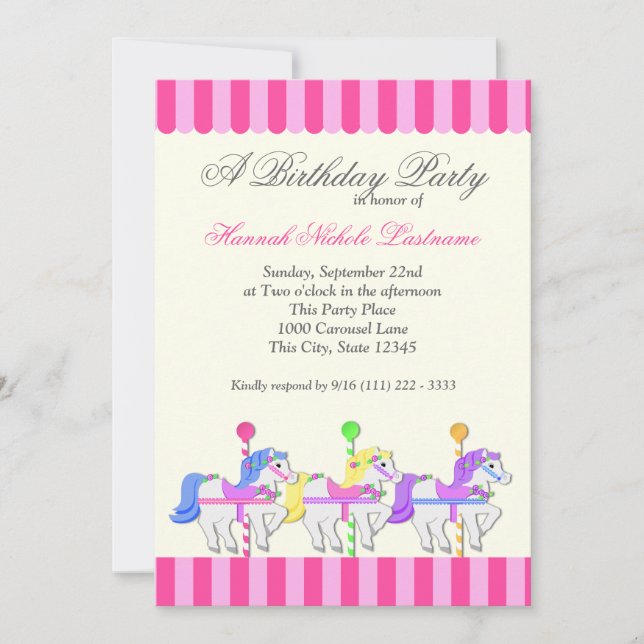 Invitation Carousel Anniversaire rose (Devant)