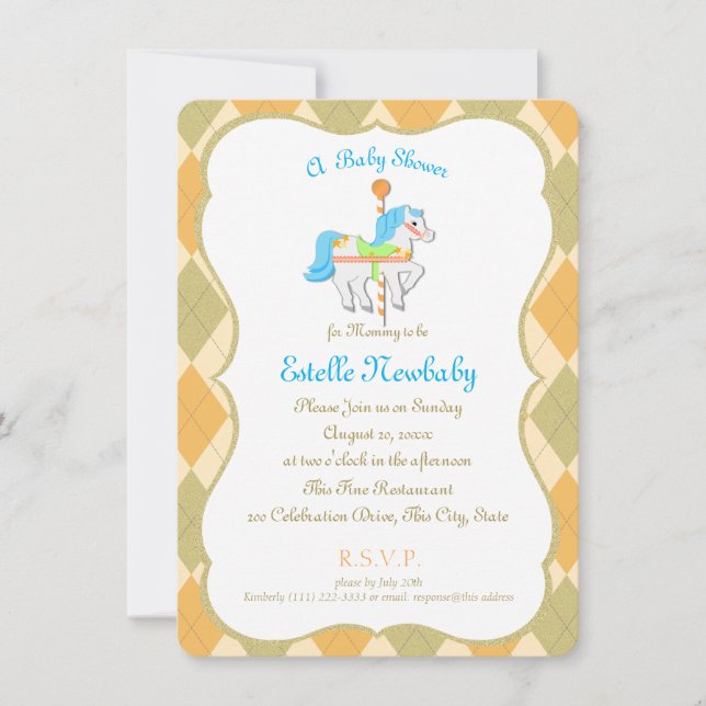 Invitation Carousel Horse Orange Baby shower neutre genre (Devant)
