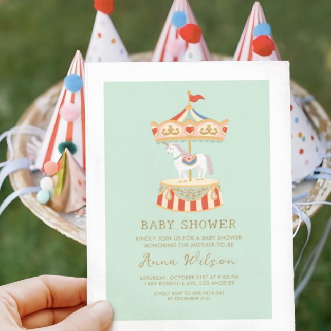 Invitation Carousel Pastel Sage Green Cute Baby shower (Créateur téléchargé)