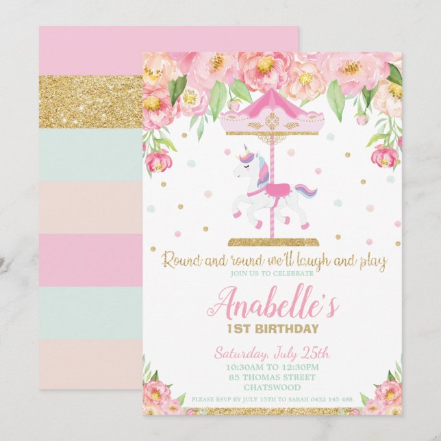 Invitation Carousel Unicorn 1er anniversaire Rose Floral Girl (Devant / Derrière)