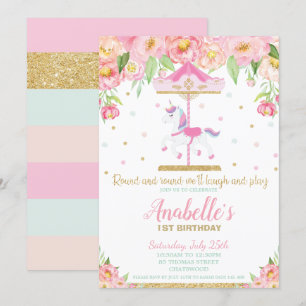 Invitation Carousel Unicorn 1er anniversaire Rose Floral Girl