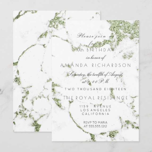 Invitation Carrara Marbre Blanc Vert Glitter Anniversaire (Devant / Derrière)