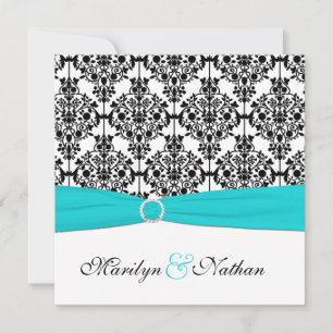 Invitation Carré Aqua, White et Black Damask II
