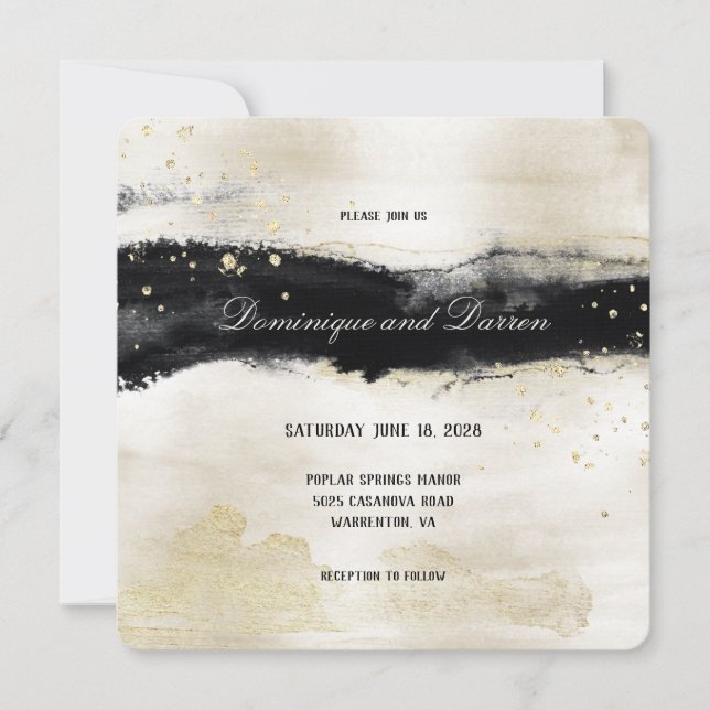 Invitation Carré Champagne Gold & Black Watercolor Mariage (Devant)