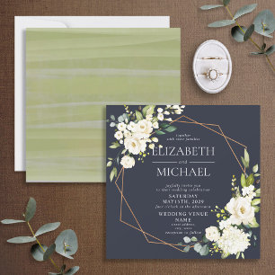 Invitation Carré Cuivre Géométrique Marine Bleu Blanc Floral