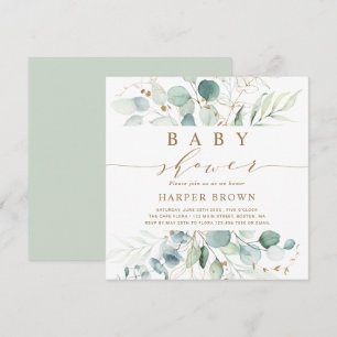 Invitation Carré de Baby shower botanique vert et or