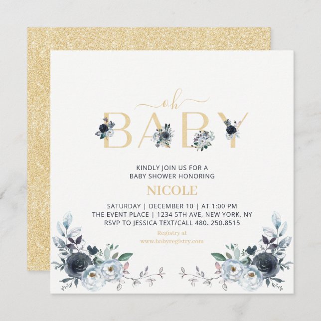 Invitation Carré de Baby shower Floral Navy & Gold Boho (Devant / Derrière)