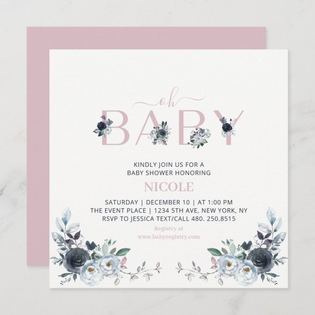 Invitation Carré de Baby shower Floral Navy & Pink Boho (Devant / Derrière)