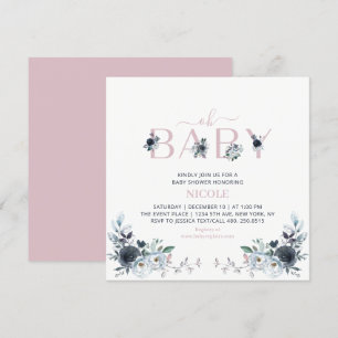 Invitation Carré de Baby shower Floral Navy & Pink Boho