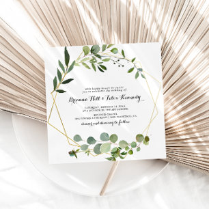 Invitation Carré de calligraphie Eucalyptus cadre or Mariage