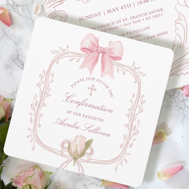 Invitation Carré de confirmation du cadre rose délicat (Créateur téléchargé)