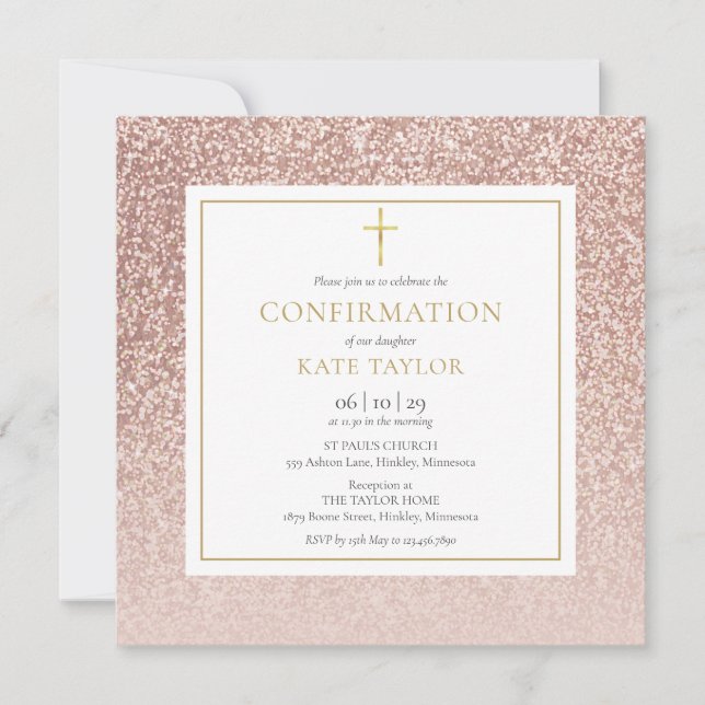 Invitation Carré de confirmation en paillettes rose gold (Devant)