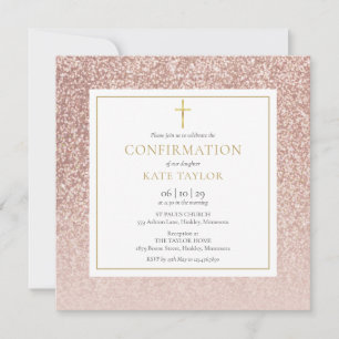 Invitation Carré de confirmation en rose gold pailleté