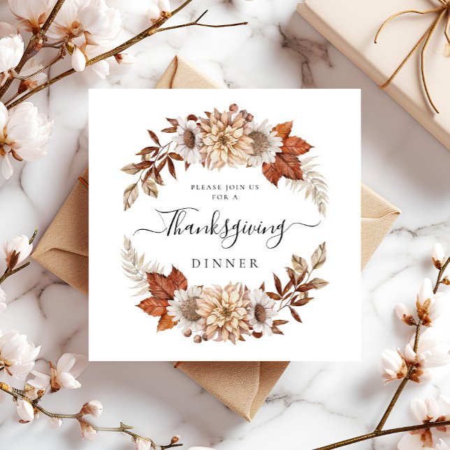 Invitation Carré de dîner de Thanksgiving rustique d'automne (Rustic Fall Floral Thanksgiving Dinner Square Invitation)