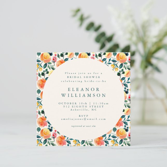 Invitation Carré de douche floral aquarelle orange rustique (Debout devant)