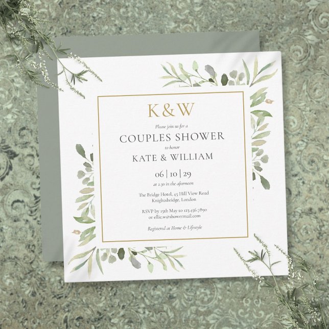 Invitation Carré de douche pour couples au monogramme doré ch (Chic Gold Monogram Greenery Couples Shower Square Invitation)