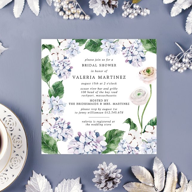 Invitation Carré de Fête des mariées Blue Hydrangea White Ros (Créateur téléchargé)