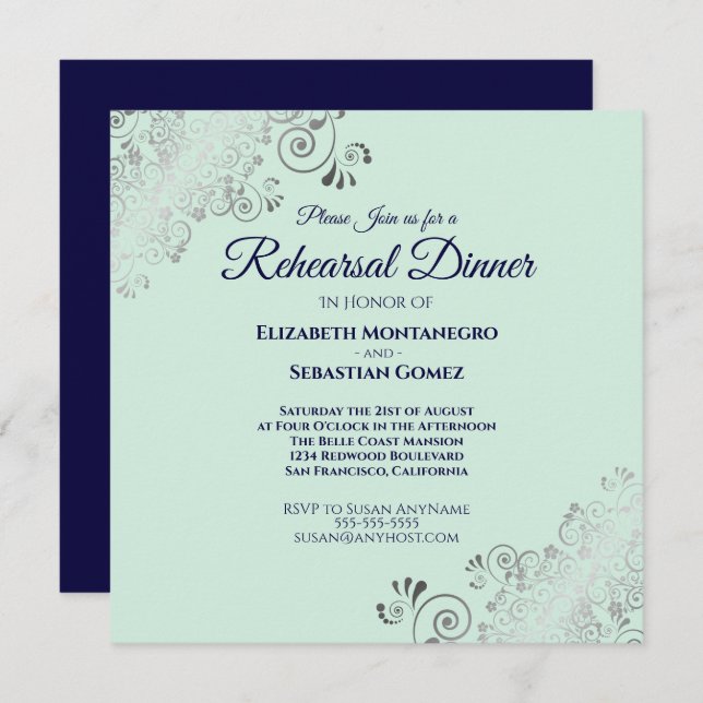 Invitation Carré de la répétition Mariage Mint Navy & Silver (Devant / Derrière)