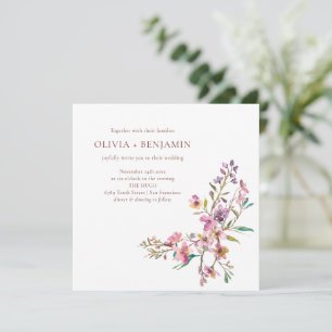 Invitation Carré de mariage aux fleurs sauvages roses bohème