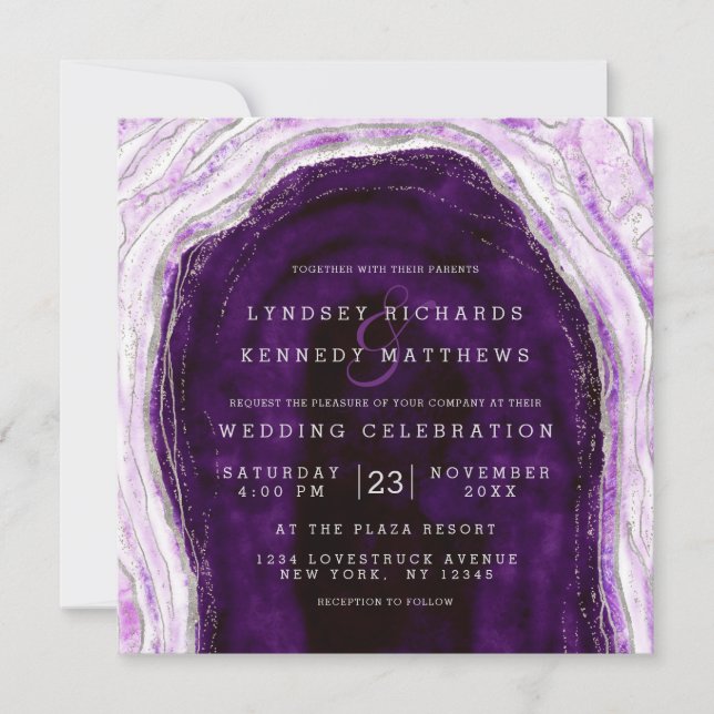 Invitation Carré de Mariage de tranche de géode Amethyst Purp (Devant)