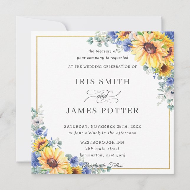 Invitation Carré de Mariage Floral bleu Tournesol Rustique (Devant)