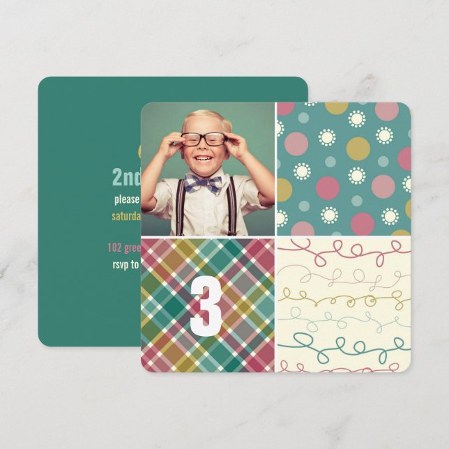 Invitation Carré de motif patchwork vert Photo garçon Anniver (Devant / Derrière)