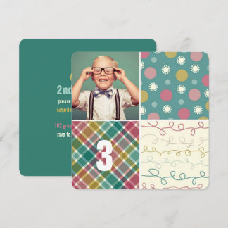 Invitation Carré de motif patchwork vert Photo garçon Anniver