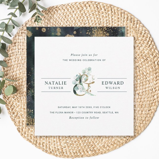 Invitation Carré Eucalyptus Ampersand Gold Green Mariage (Front & Back)